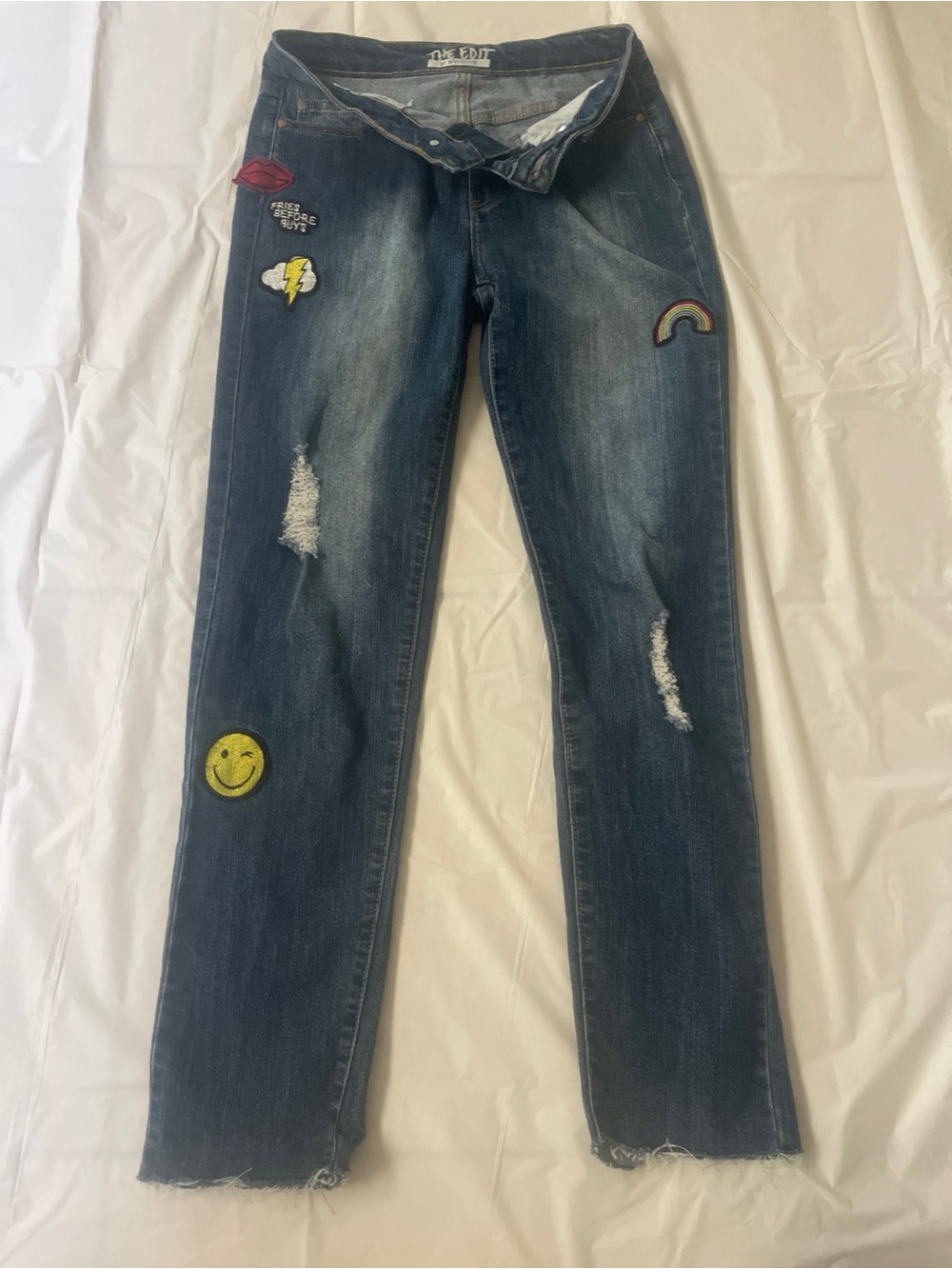 Dark Blue Straight-Leg Women’s Jeans with Embroidered Patches